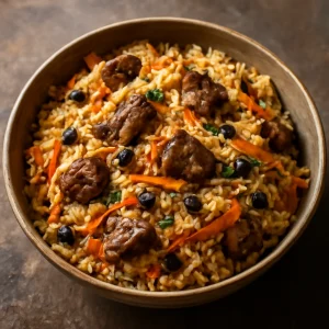 Plov rizs mazsolával és fűszerekkel tálalva