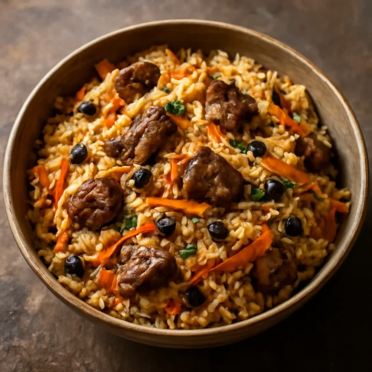 Plov mazsolával, gazdag rizsétel sárgarépával és fűszerekkel