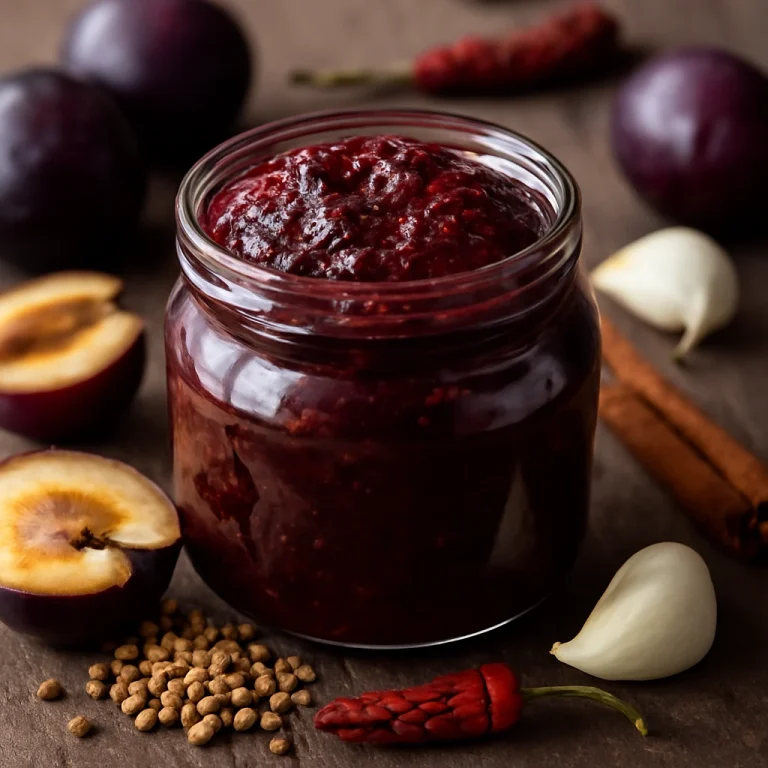 Plum chutney üvegben, gazdag sötétpiros színű fűszeres szósz