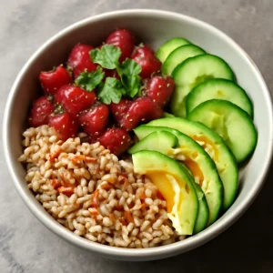 Friss poké bowl barna rizzsel és tonhallal