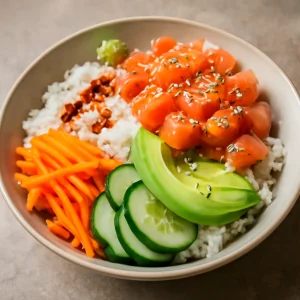 Friss Poké Bowl lazaccal és zöldségekkel tálalva