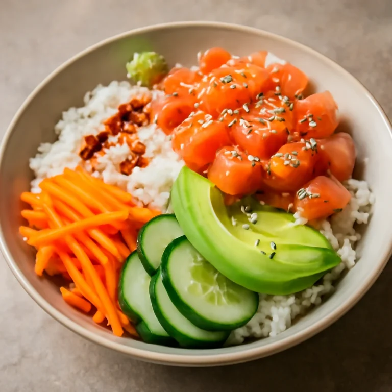 Poké bowl lazaccal, friss zöldségekkel és szójaszósszal