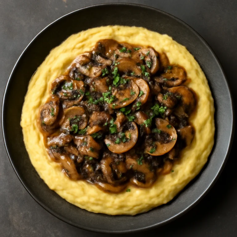 Polenta gombás raguval, friss petrezselyemmel tálalva