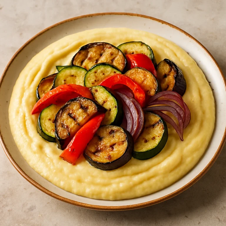 Polenta grillezett zöldségekkel, tányéron tálalva, színes zöldségszeletekkel a tetején