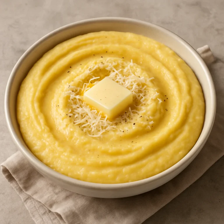 Krémes polenta lágy állaggal, vajjal és parmezánnal díszítve