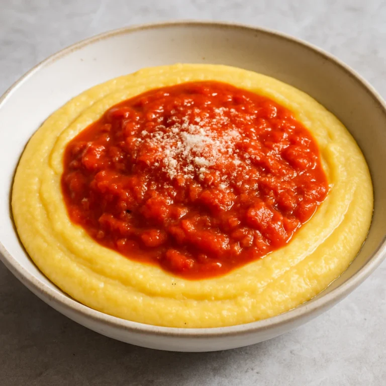 Krémes polenta paradicsomos szósszal tálalva, mélytányérban