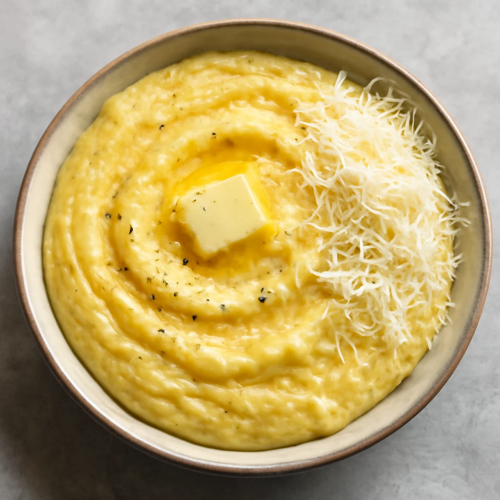 Krémes polenta sajttal és vajjal tálalva