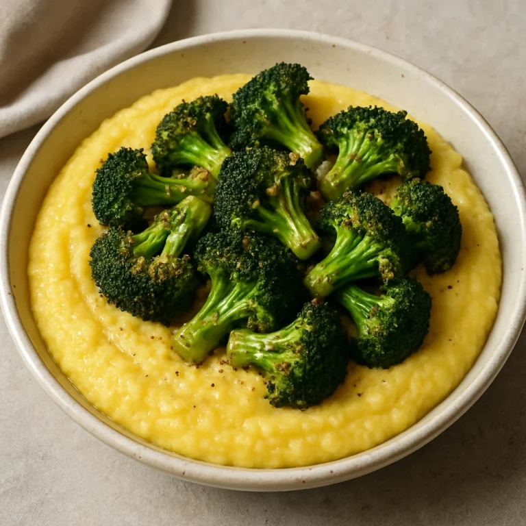Krémes polenta sült brokkolival tálalva, fokhagymás ízesítéssel