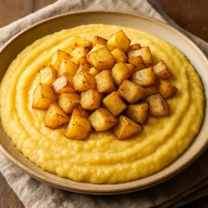 Krémes polenta fokhagymás sült burgonyával tálalva