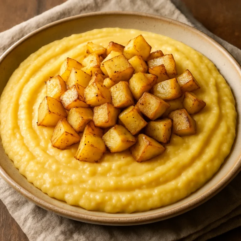 Polenta sült burgonyával, tálalva krémes kukoricadarával és ropogós krumplikockákkal
