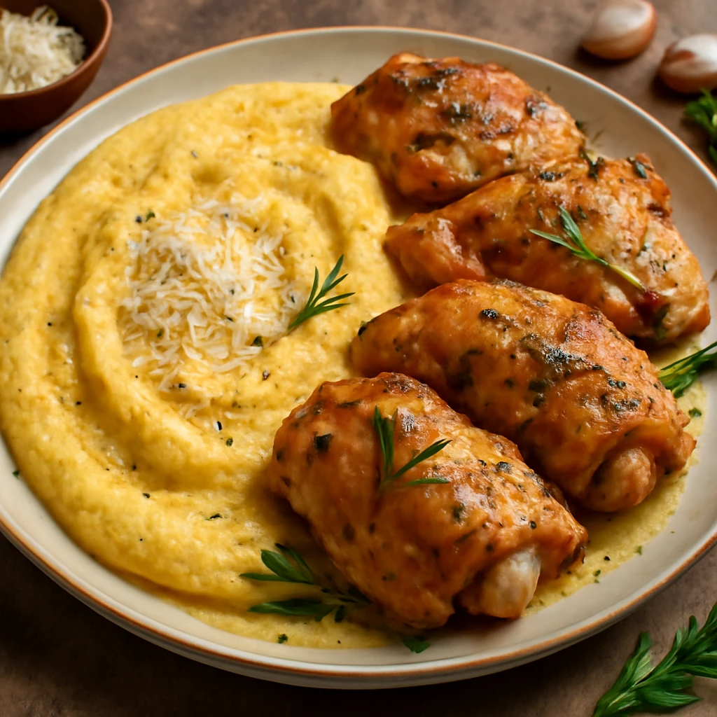 Friss, ínycsiklandó polenta, parmezánnal és sült csirkével