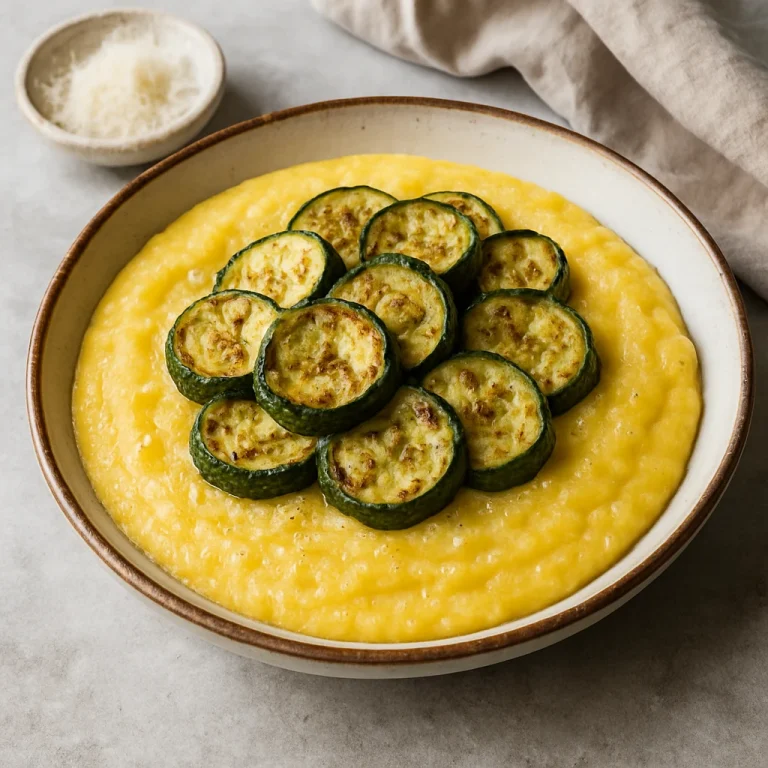 Polenta sült cukkínivel, krémes alap ropogós zöldségkarikákkal tálalva