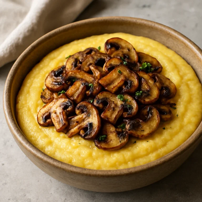 Krémes polenta sült gombával tálalva, rustikus kerámia tálban