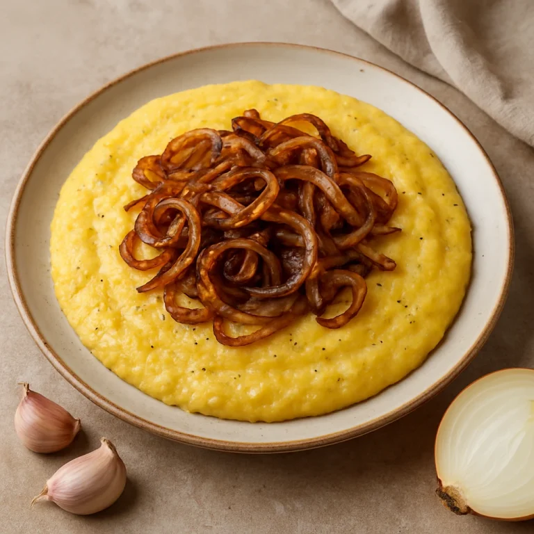 Krémes polenta sült vöröshagymával tálalva, fokhagymás ízesítéssel