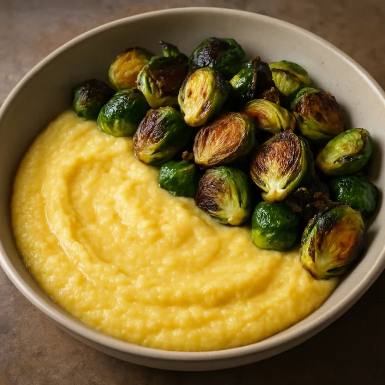 Polenta sült kelbimbóval tálalva, krémes alap és ropogós zöldségek kombinációja