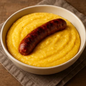 Selymes kukoricadara és fűszeres sült kolbász kombinációja