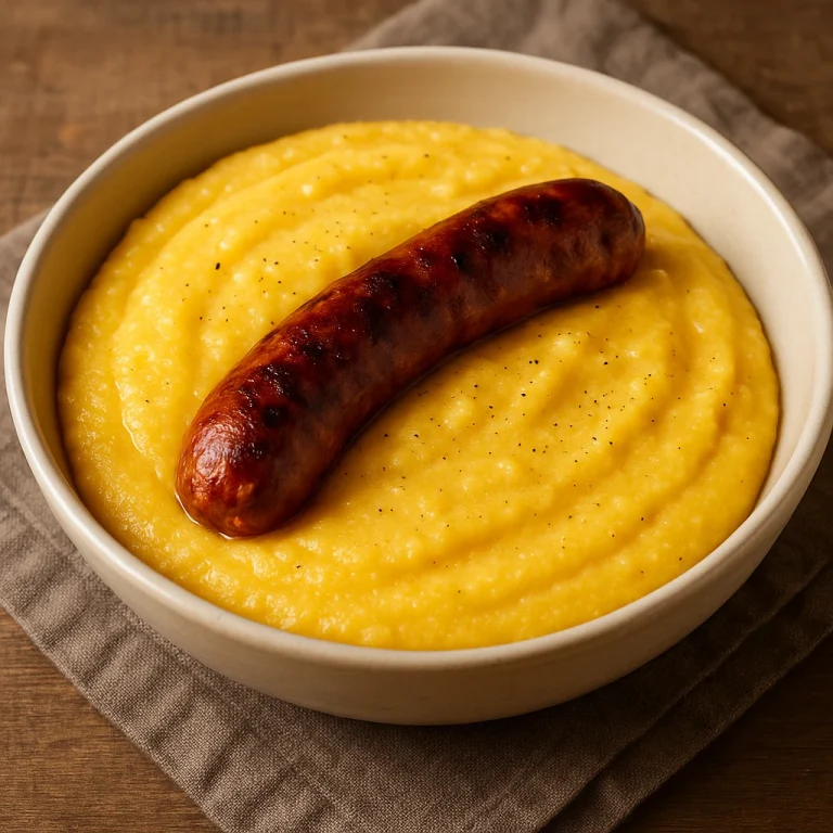 Krémes polenta sült kolbásszal tálalva, egyszerű és laktató fogásként