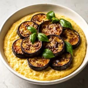 Lágy polenta, sült padlizsánnal és friss bazsalikommal tálalva