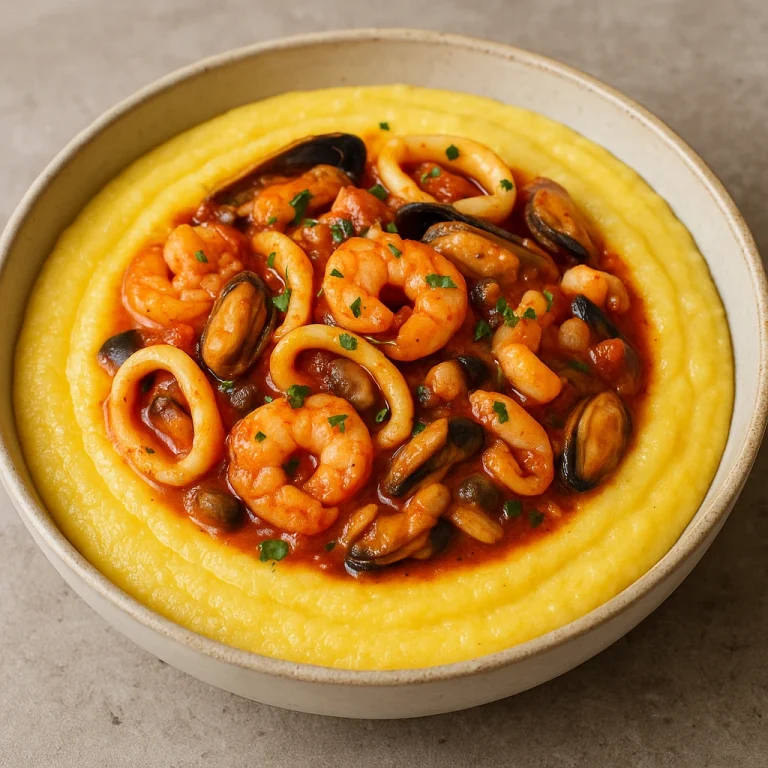 Polenta tenger gyümölcseivel, krémes alap tengeri mix feltéttel tálalva