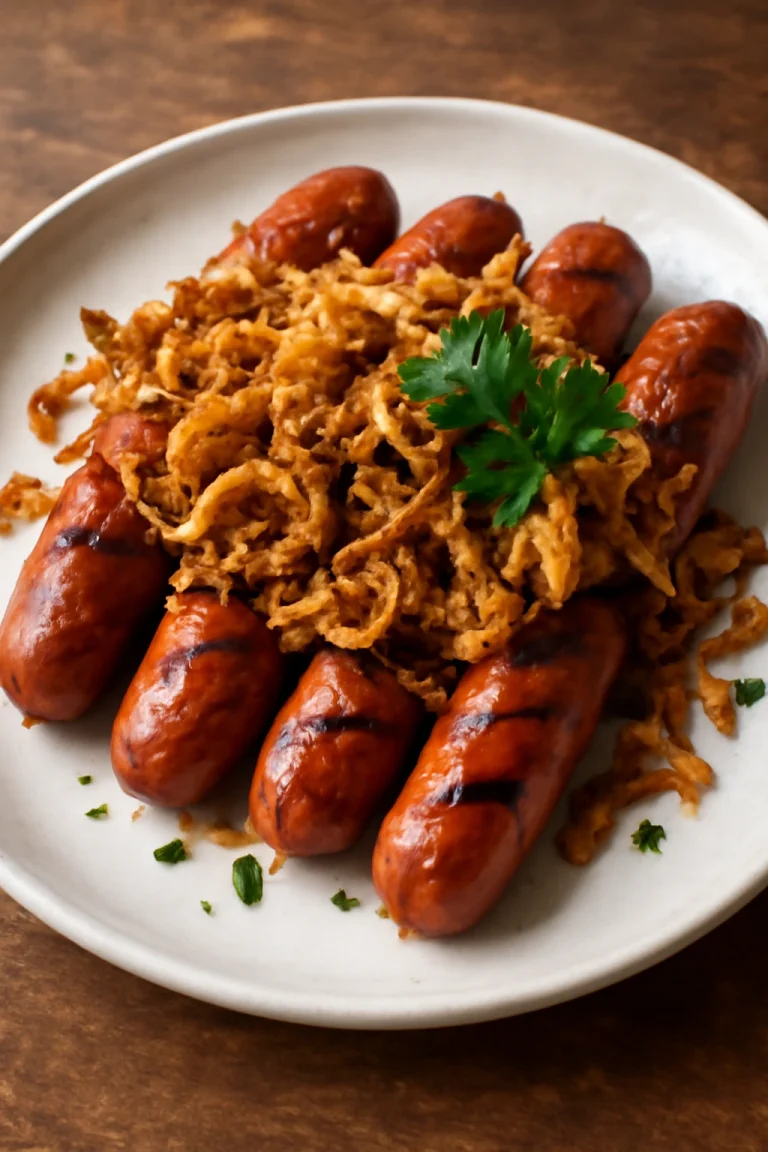 Pølse med ropogós hagymával, friss petrezselyemmel tálalva