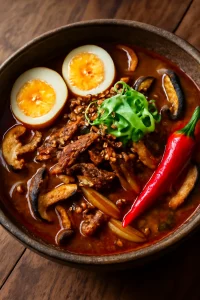 Koreai Yukgaejang, pörkölt gombával, marhahússal és friss tojással