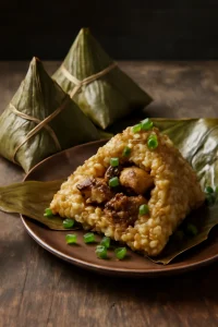 Pörkölt húsos zongzi bambusz levelekben, friss zöldhagymával