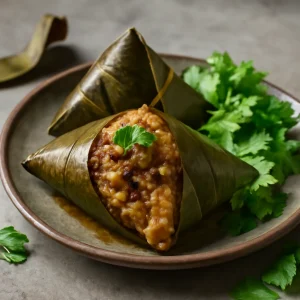 Finom, füstölt húsos pörkölt zongzi banánlevélbe csomagolva