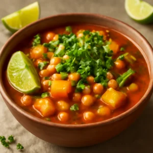 Mexikói pozole con calabaza tökkel, lime-mal és korianderrel