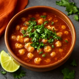 Mexikói pozole con chile ancho chile fűszerrel, lime-mal és korianderrel