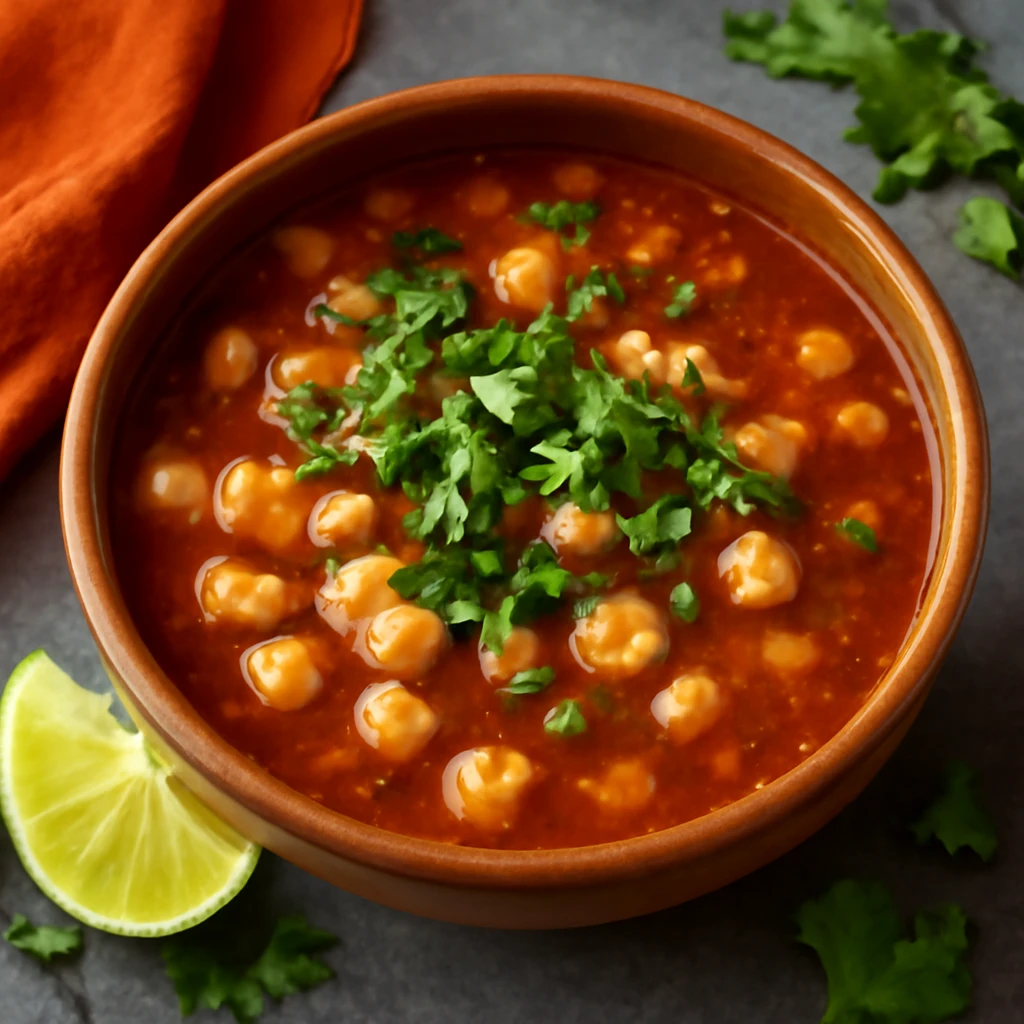 MexikÃ³i pozole con chile ancho chile fÅ±szerrel, lime-mal Ã©s korianderrel