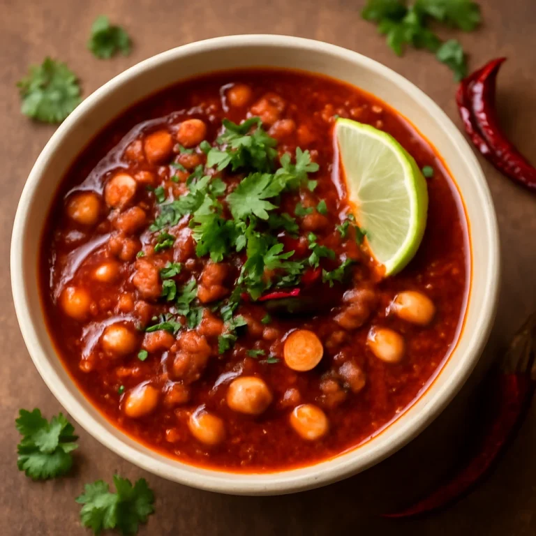 Pozole con chile guajillo tálalva lime szeletekkel és korianderrel
