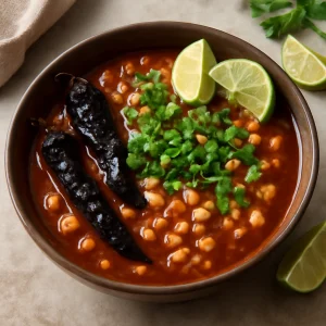 Mexikói pozole con chile pasilla chile fűszerrel, lime-mal és korianderrel