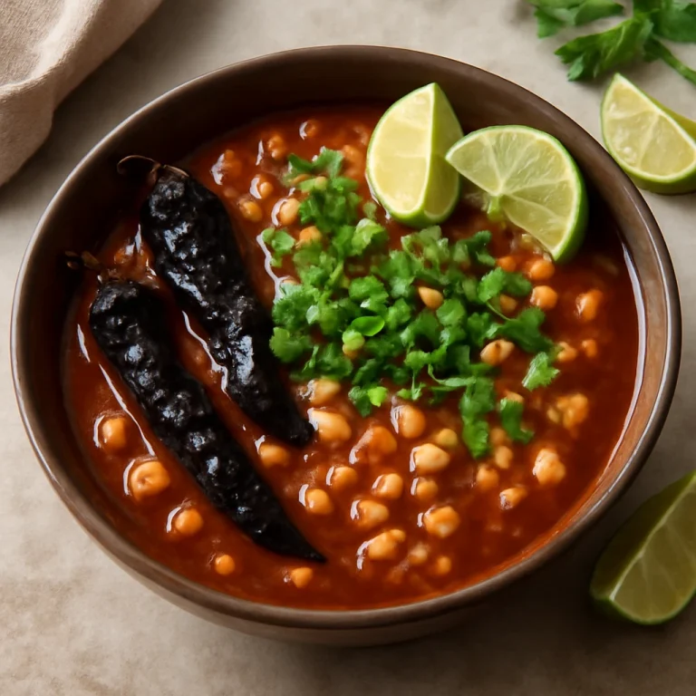 Pozole con chile pasilla tálalva lime-mal, korianderrel és friss zöldhagymával