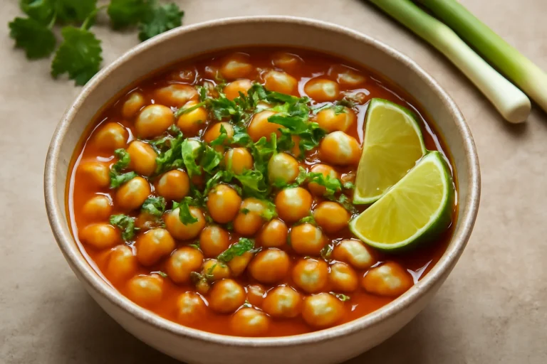 Pozole con garbanzos tálalva lime-mal, korianderrel és friss zöldhagymával