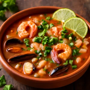 Mexikói pozole con mariscos tenger gyümölcseivel, lime-mal és korianderrel
