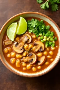 Mexikói pozole con setas gombával, lime-mal és korianderrel