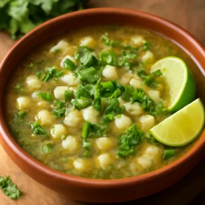 Mexikói pozole con tomatillo, lime-mal és korianderrel
