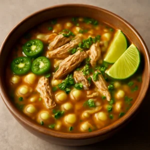 Mexikói pozole de pollo, csirkehússal és hominy kukoricával