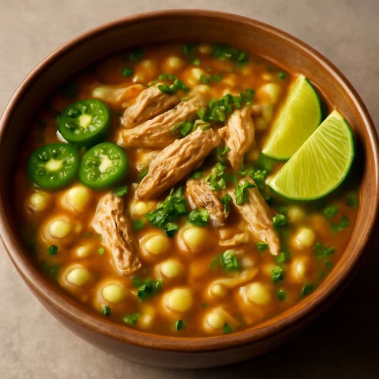 Pozole de pollo, csirkehússal és hominy kukoricával, lime gerezdekkel
