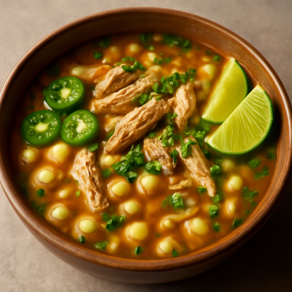 MexikÃ³i pozole de pollo, csirkehÃºssal Ã©s hominy kukoricÃ¡val