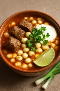 Mexikói pozole de res marhahússal, fehér kukoricával, lime-mal és korianderrel