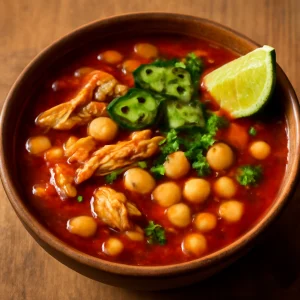 Fűszeres pozole rojo csirkehússal és hominy kukoricával