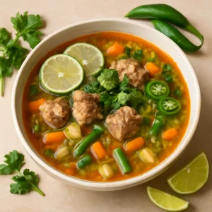 Mexikói pozole sertéshússal és friss zöldségekkel