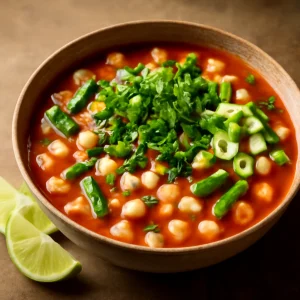 Mexikói pozole vegán fehér kukoricával, lime-mal, korianderrel és zöldhagymával