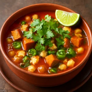 Friss és gazdag mexikói vegetáriánus pozole, tofuval és lime-mal