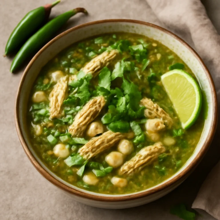 Pozole verde csirkehússal és korianderrel tálalva