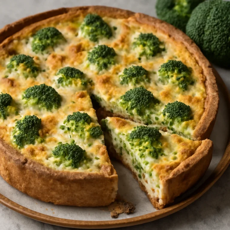 Prebiotikus brokkolis túrós pite szeletelve, friss brokkolival