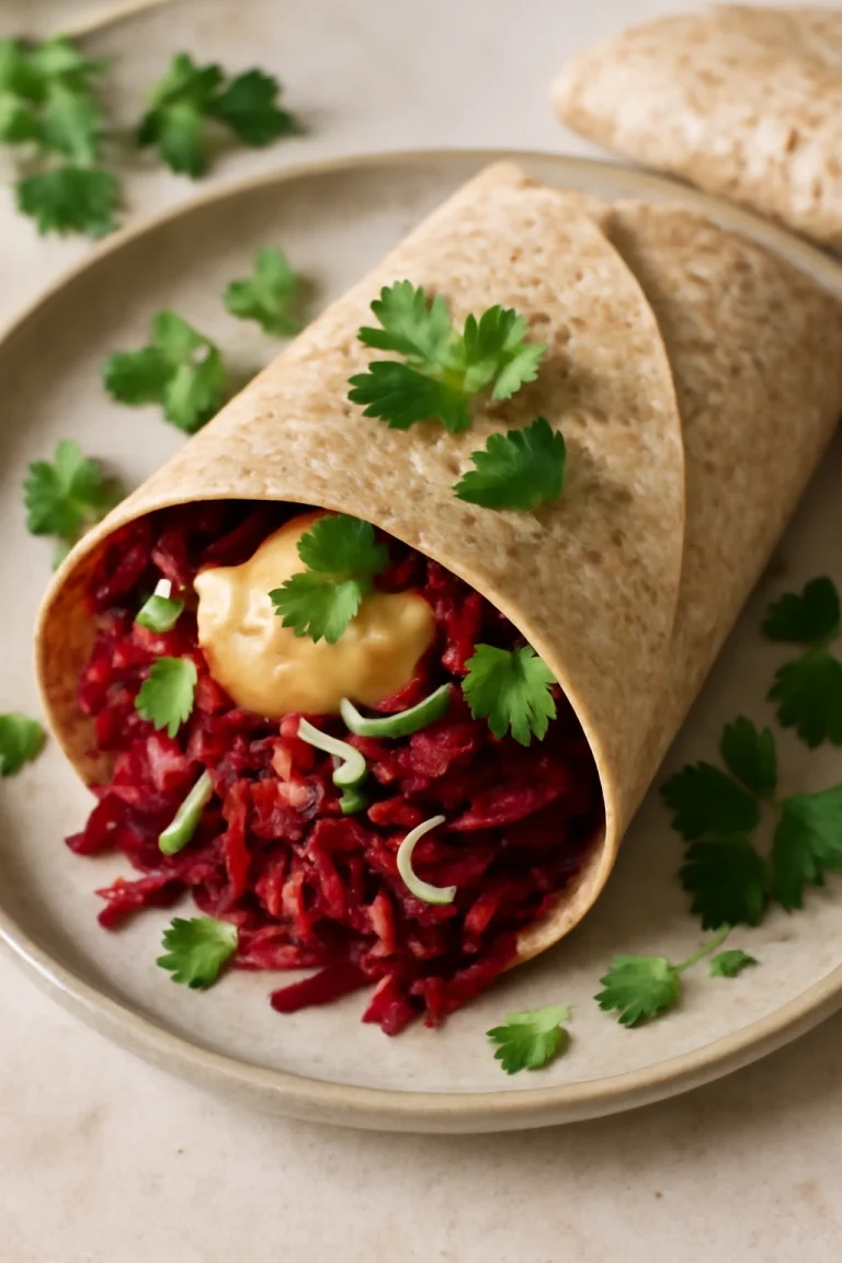 Prebiotikus céklás póréhagymás wrap, egészséges étkezés friss petrezselyemmel