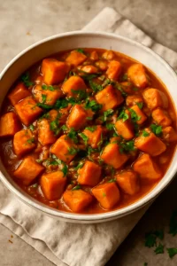Fűszeres és tápláló édesburgonyás pörkölt, friss petrezselyemmel díszítve