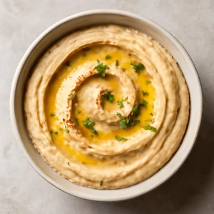 Friss és krémes fokhagymás hummus tálalva
